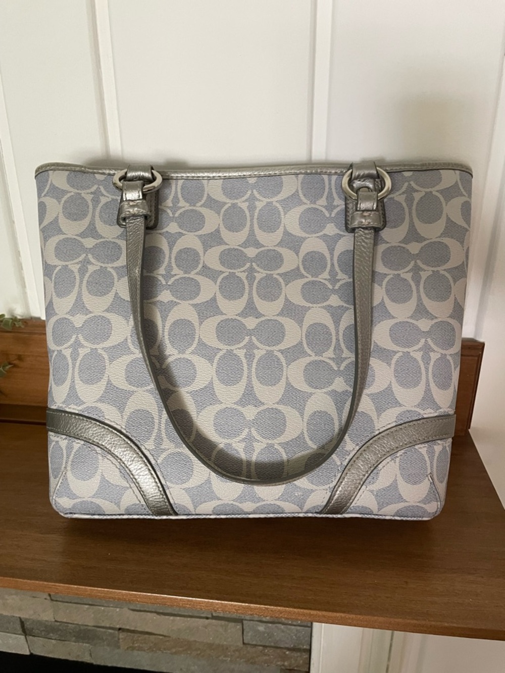 Coach light blue gray Signature Tote with Metallic Trim - Picture 5 of 16